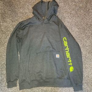 Carhartt Men’s Dark Gray Crewneck Hoodie with Neon Yellow Sleeve Logo